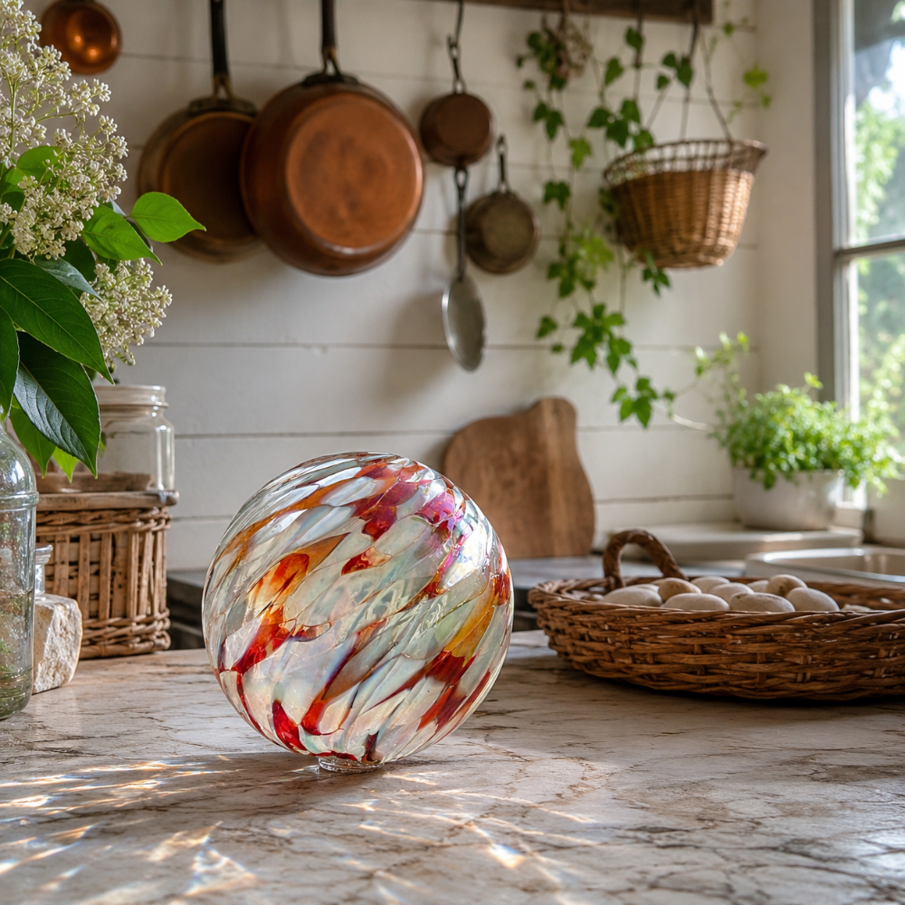 Coral Reef glass decor piece with warm colors placed on a kitchen countertop surrounded by greenery.