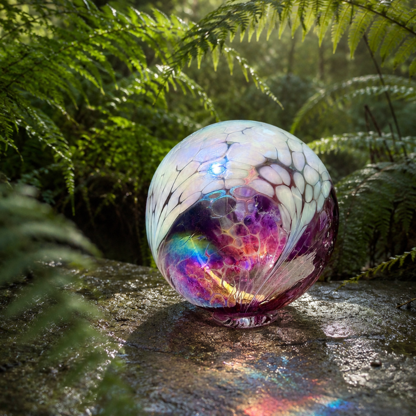 Salish Spray glass orb featuring ethereal colors of periwinkle and purple, surrounded by ferns and soft natural light.