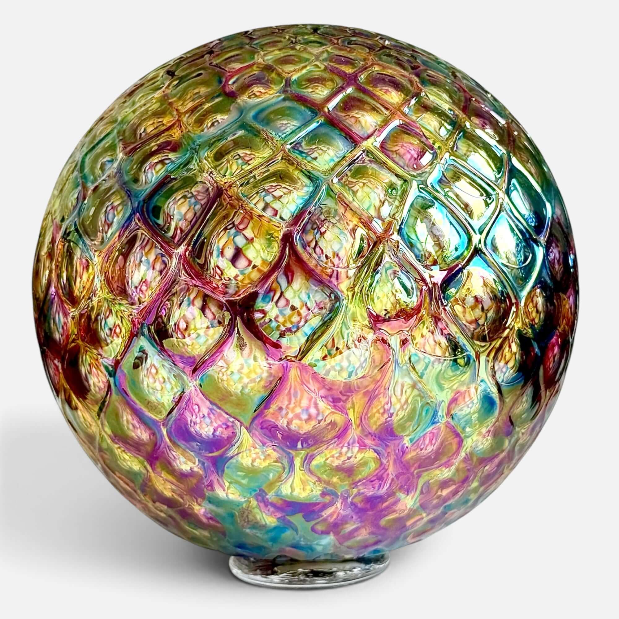 Rainbow Diamond Facet glass float with colorful jewel-like facets reflecting light.