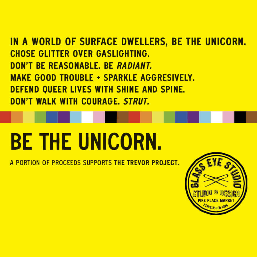 A vibrant graphic promoting "Be the Unicorn" with affirmations on living boldly and supporting The Trevor Project.