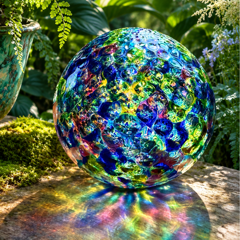 Blue Mosaic Diamond Facet in a garden setting, showcasing vibrant colors and sparkling light reflections.