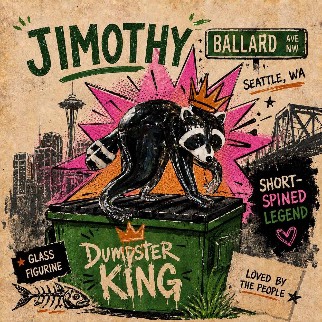 Jimothy Figurine, Dumpster King, Seattle's beloved raccoon, vibrant design featuring glass figurine and colorful artwork.
