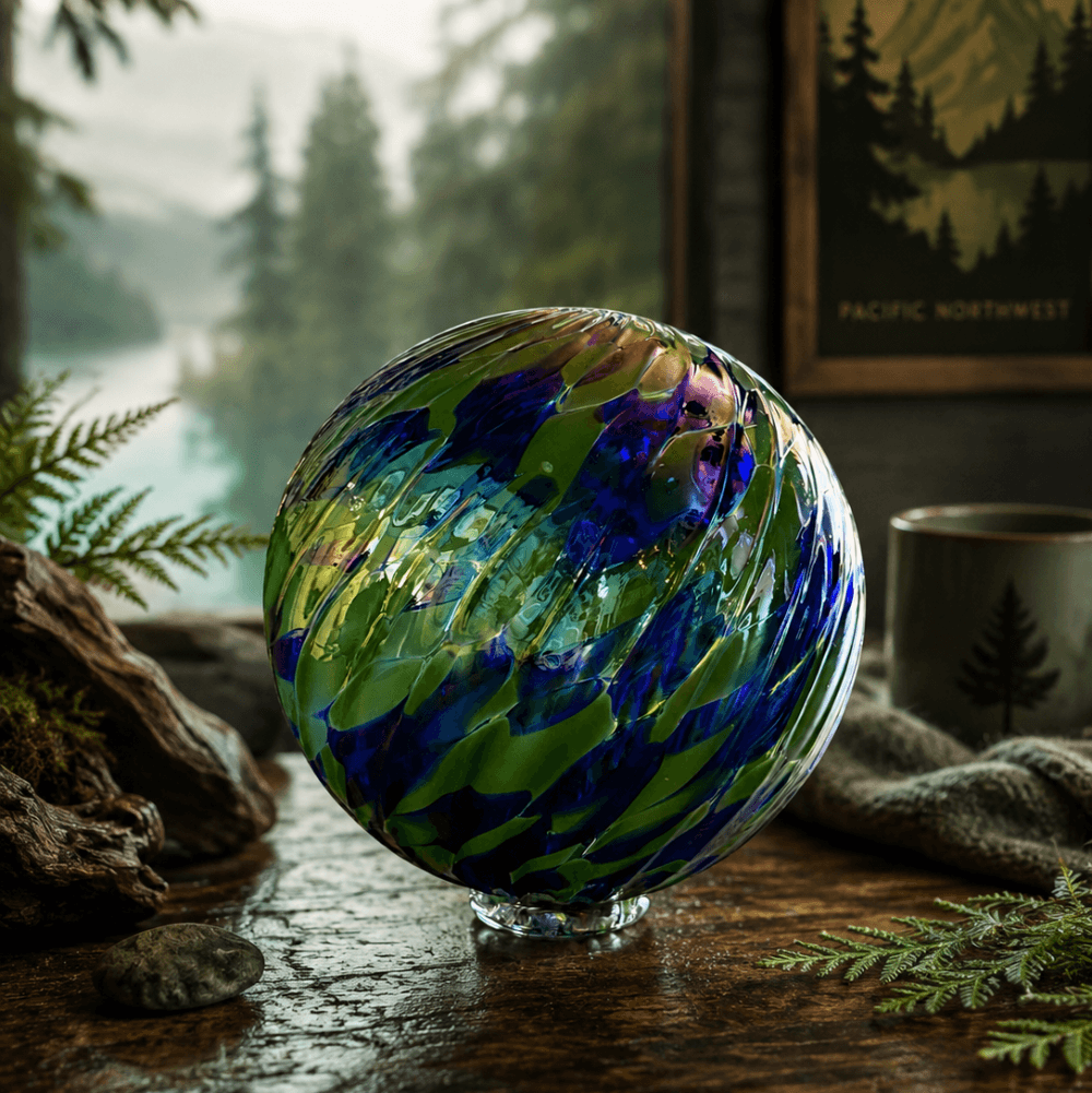 Sunday Blue float art piece featuring swirling blue and green glass, inspired by vintage fishing floats.