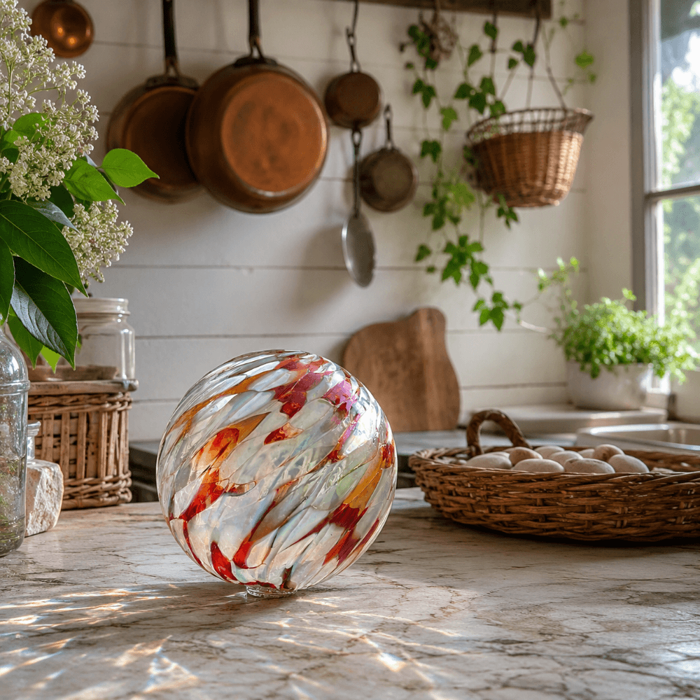 Coral Reef glass decor piece with warm colors placed on a kitchen countertop surrounded by greenery.