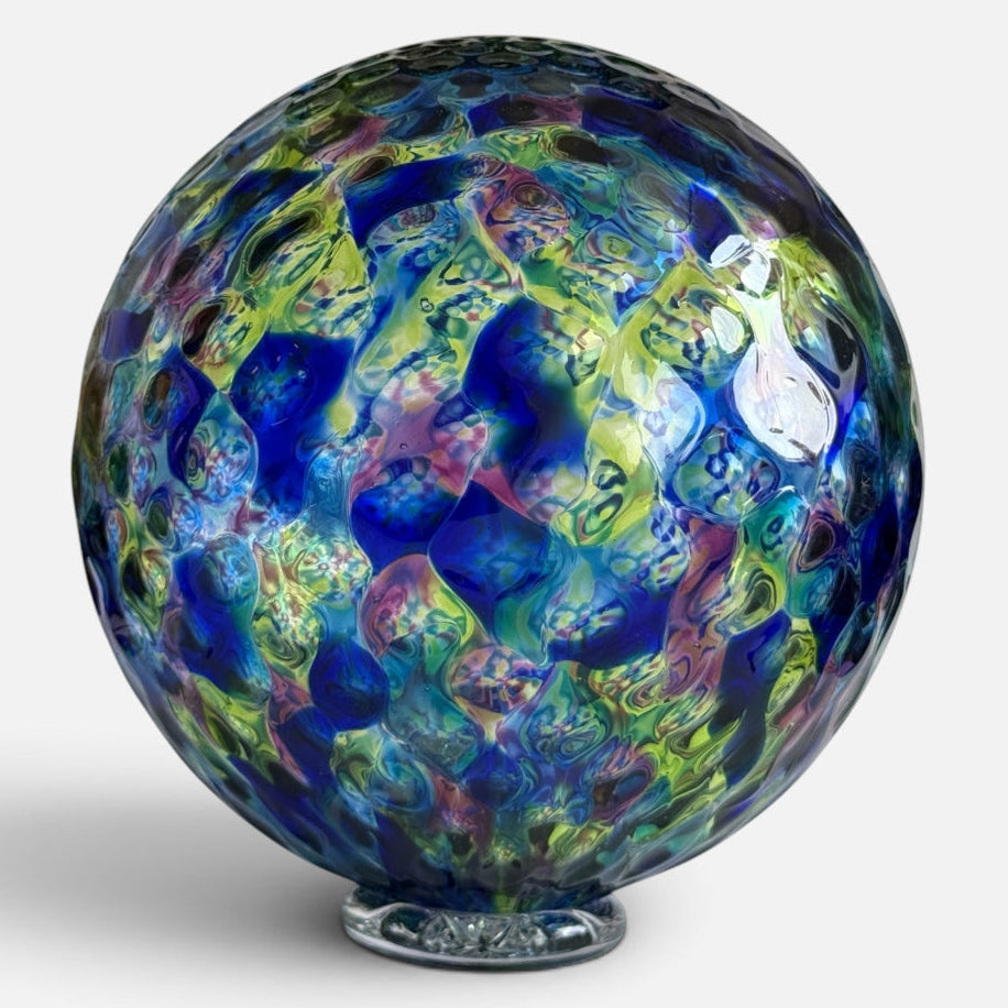 Blue Mosaic diamond facet float showcasing rich blue glass and vibrant colors, perfect for home decor.